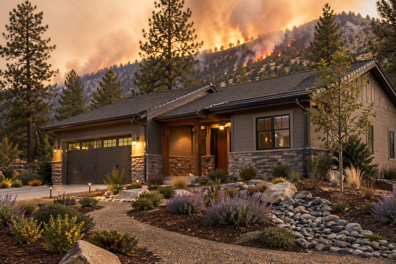 fire resistant home with fire in background