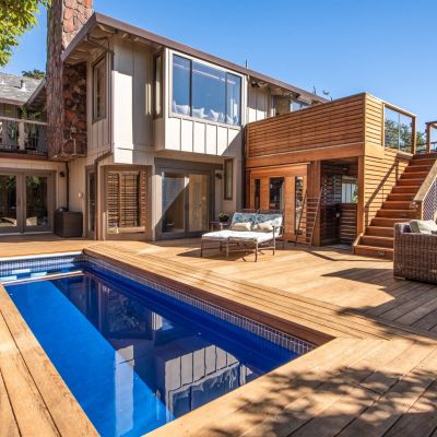 wood entry gate and landscaping