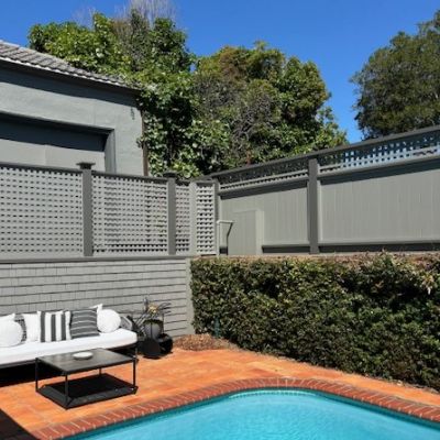 fence around pool with pool furniture 