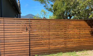 horizontal wood fence with matching gate